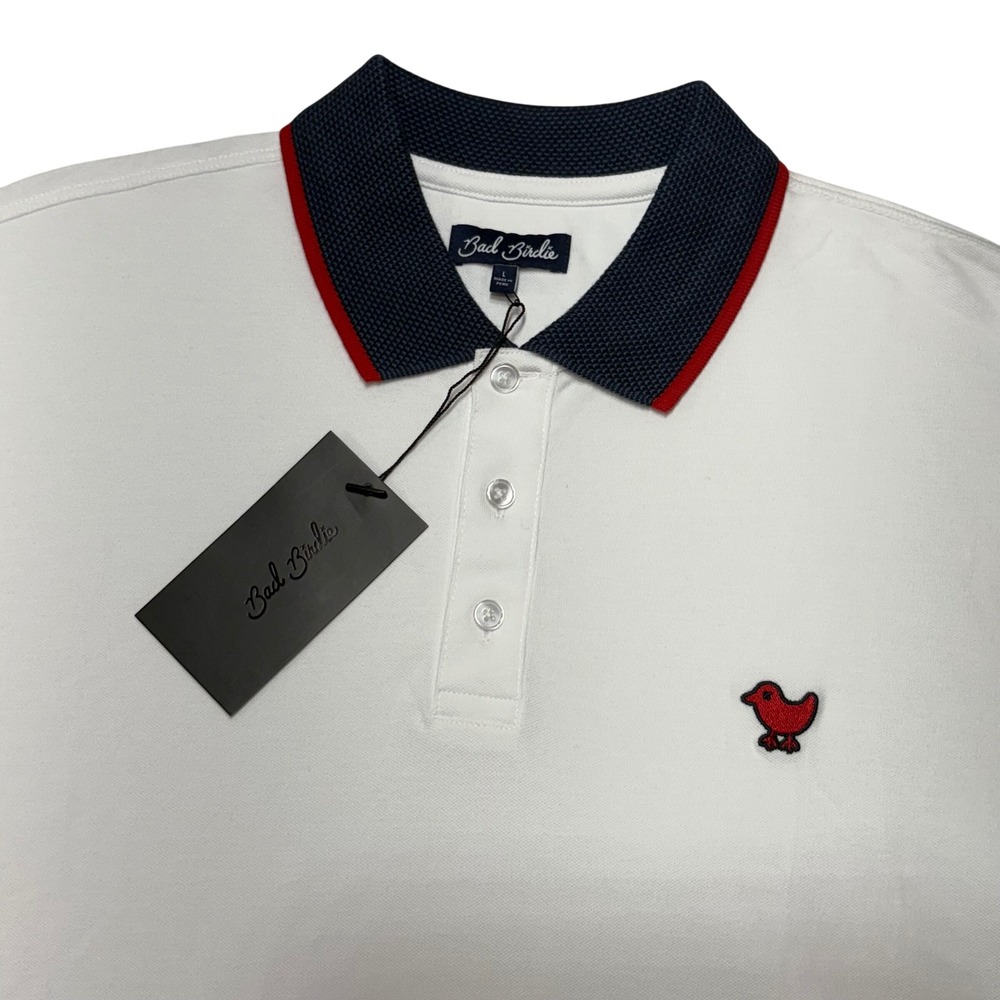 $84 Bad Birdie Pique Polo Mens L White Dark Navy Red Contrast Golf Shirt NEW